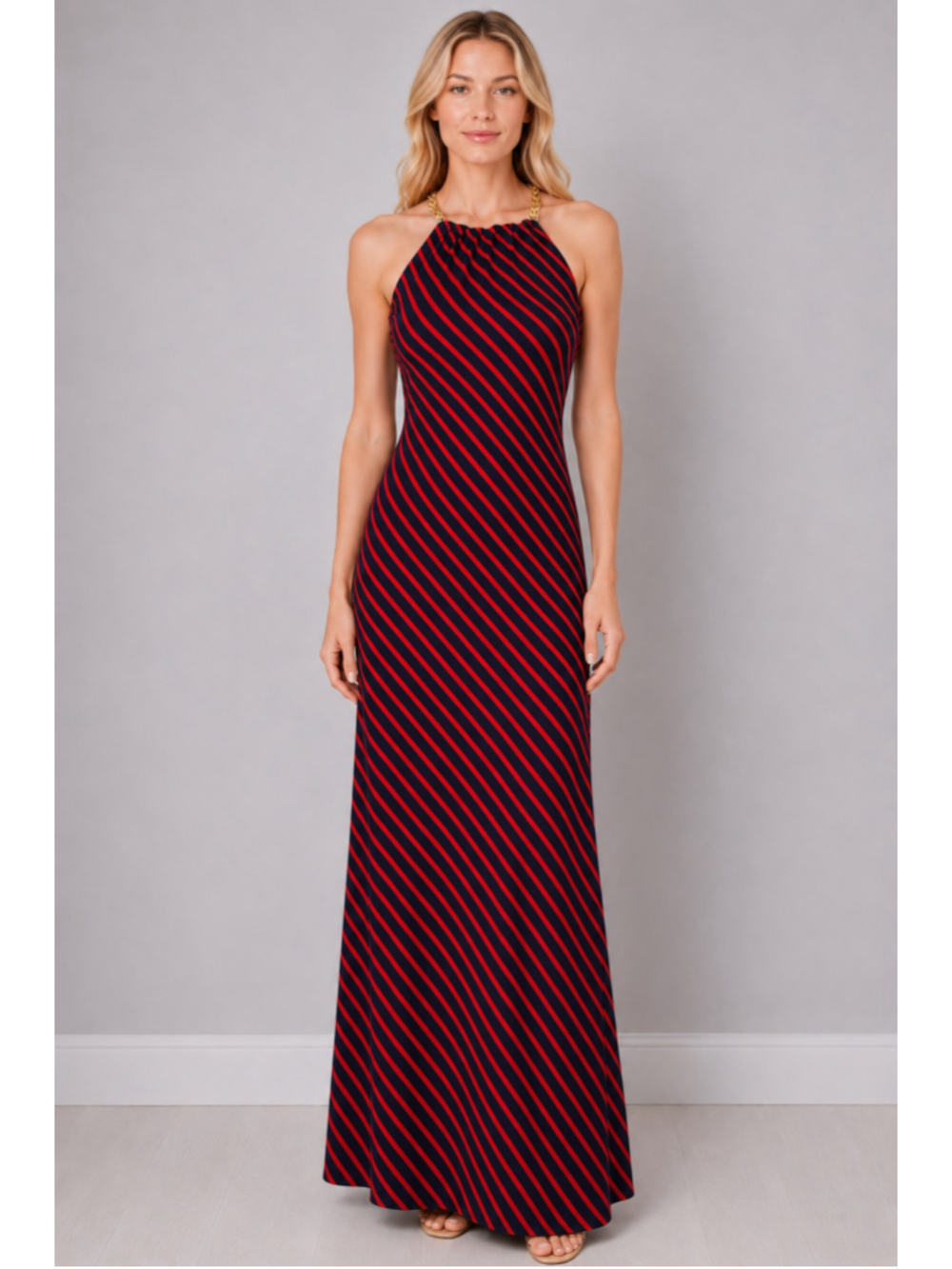 Ralph Lauren Stripe Halter Dress Navy Red Gold Chain Preppy Cocktail Maxi Size 6 - Picture 1 of 9